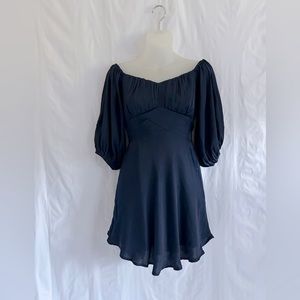 Here Comes the Sun Navy Satin Babydoll Empire Waist Poof Sleeve Mini Dress XS